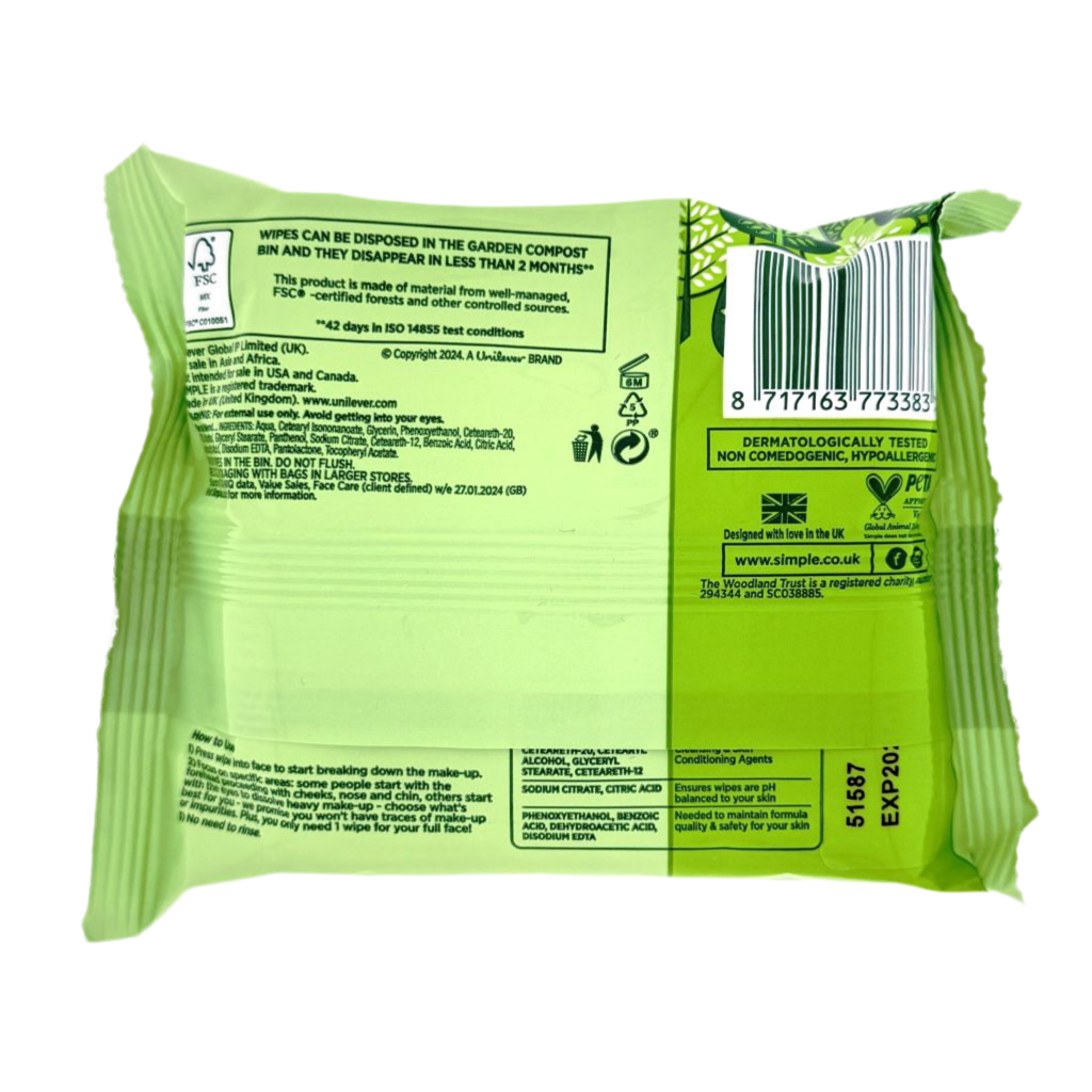 Simple Biodegradable Cleansing Wipes 20 stuks