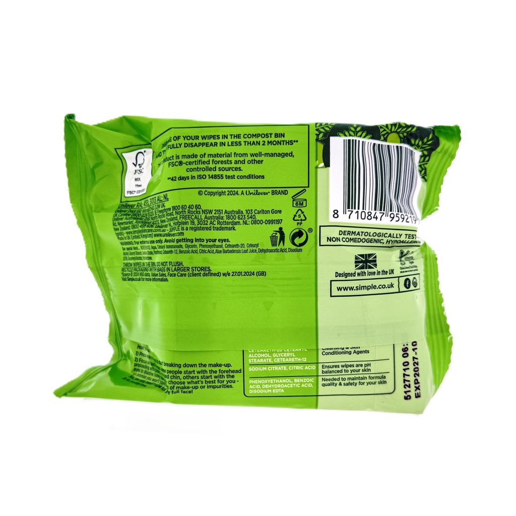 Simple Exfoliating Cleansing Wipes 20 stuks