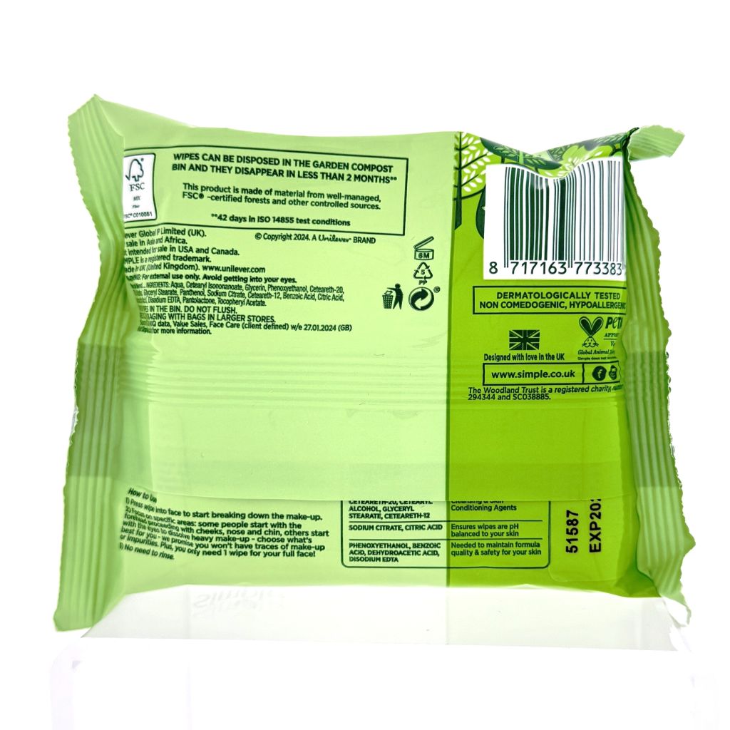 Simple Biodegradable Cleansing Wipes 20 stuks