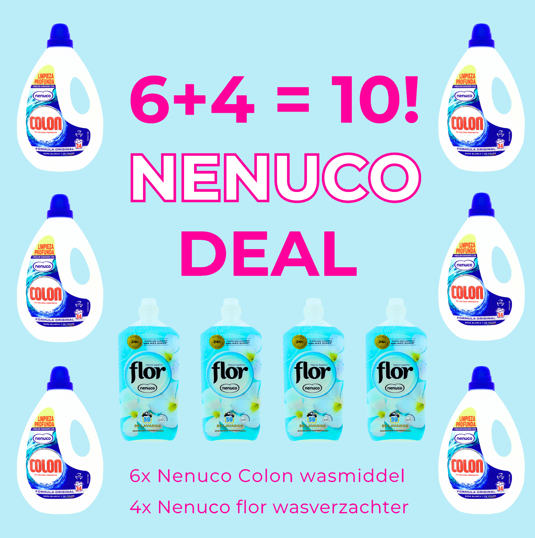 Super Deal = 6x Nieuw Nenuco Colon wasmiddel 4x Nieuw Nenuco flor wasverzachter Profiteer nu van deze unieke aanbieding!!