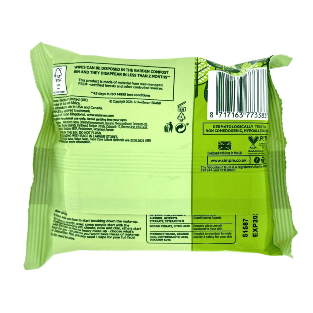 Simple Biodegradable Cleansing Wipes 20 stuks - Facial Wipes - PrijzenStorm.nl